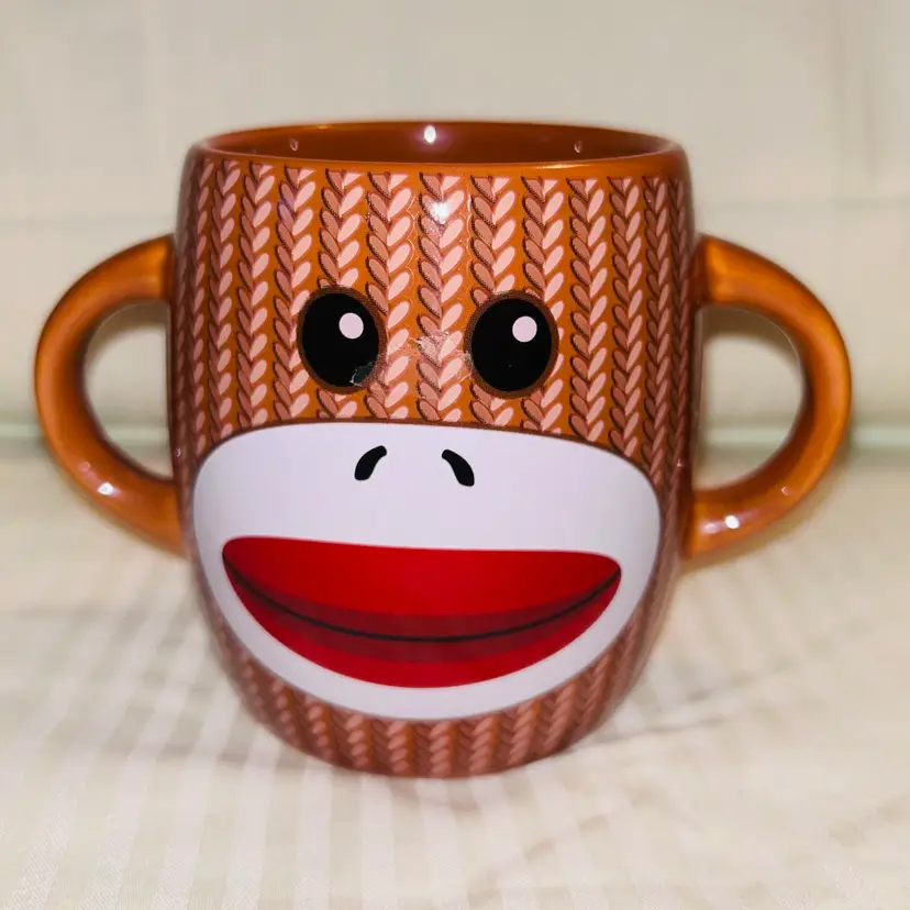 Sock Monkey Ceramic Coffee Cup Brown Double Handle By Galerie Candy