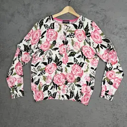 Lands End Floral Cardigan Womens Large NWT Pink White Supima Cotton Classic Preppy Layering