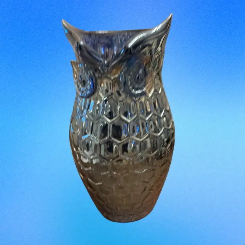 MCM Blue Iridescent Carnival Glass Owl Vase 11”x 6.5” Very Heavy