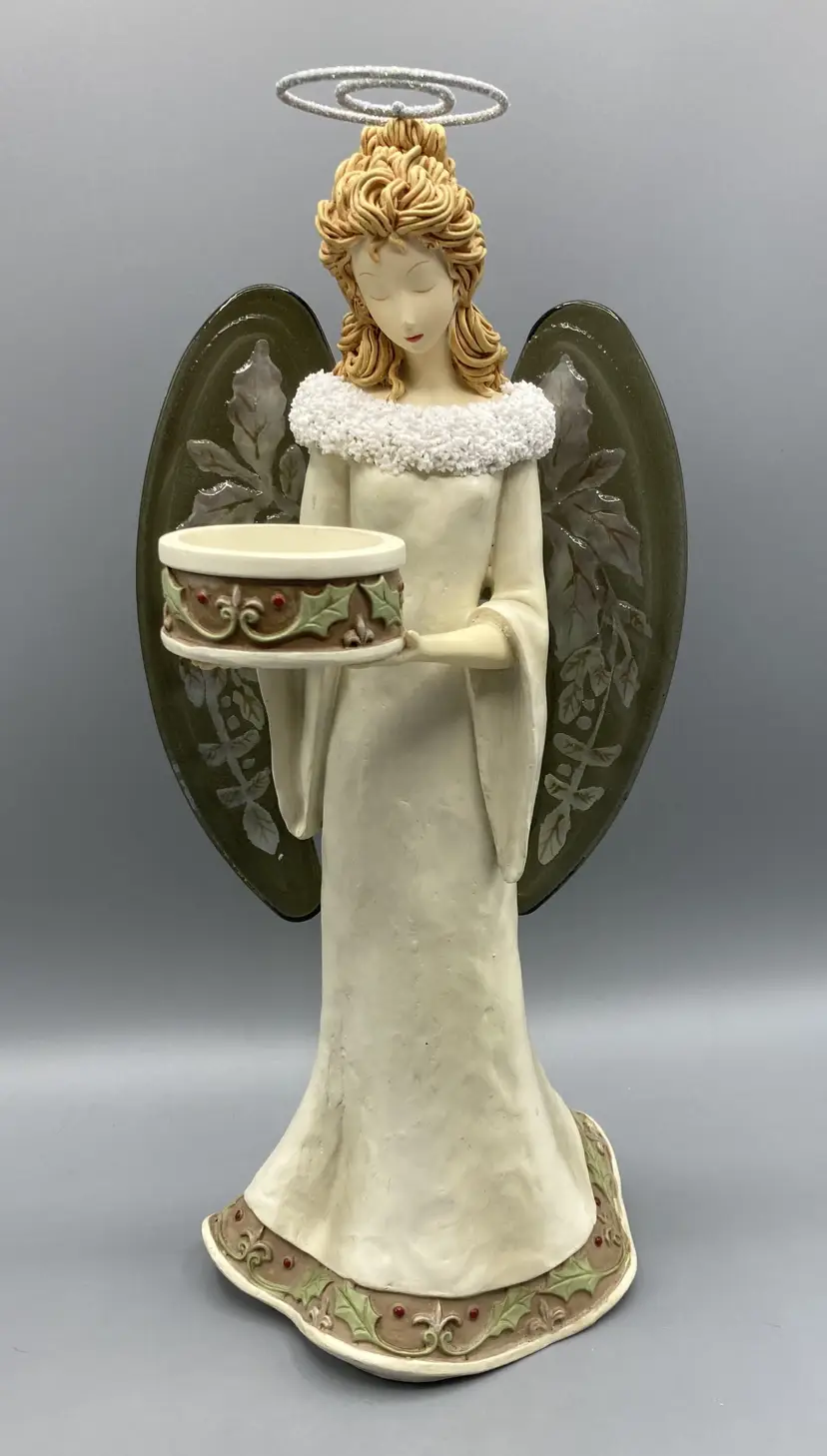 Christmas Angel w/ Tea Light Candle Holder By Miracles Resin w/ Glass Wings