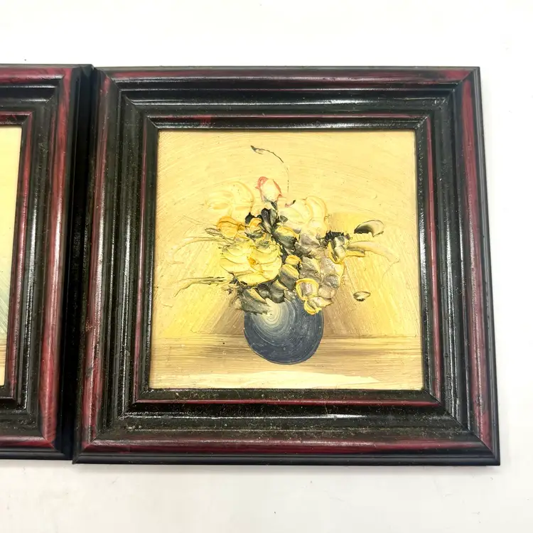 Pair Of Vintage Mini Frame Flower Paintings 4”