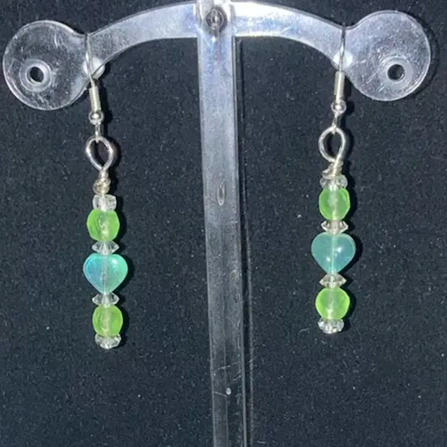 2 1/4” Drop Earrings! Green Hearts. UV Reactive Glass Beads Silver Tone Fish Hooks.  Made By Me!