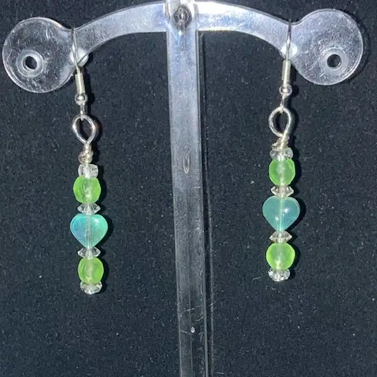 UV Reactive Glass Beads 2 1/4” Drop Earrings! Green Hearts. Silver Tone Fish Hooks.  Made By Me!