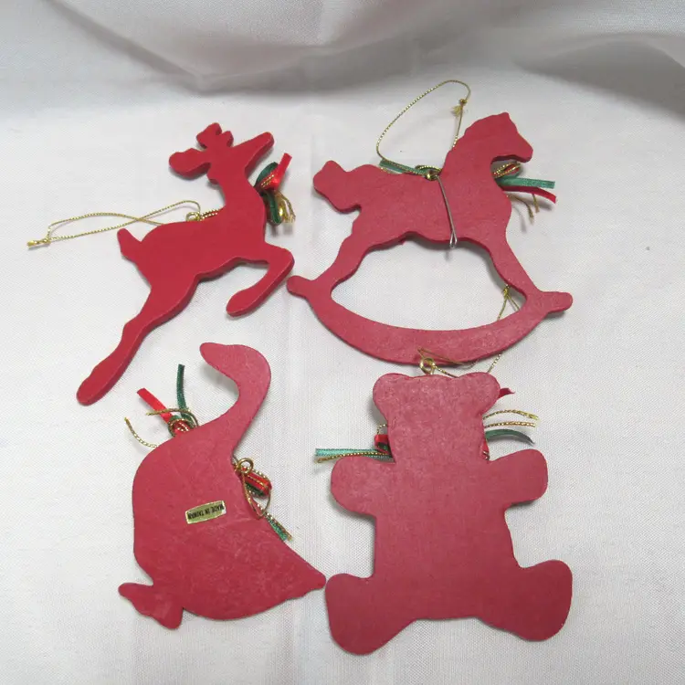 4 Pc Wooden Green & Red Plaid Animal Christmas Ornaments