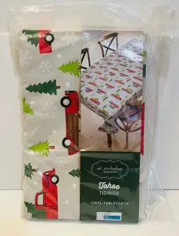 St. Nicholas Square Tahoe Tidings Red Christmas Truck Vinyl Tablecloth Round 70"