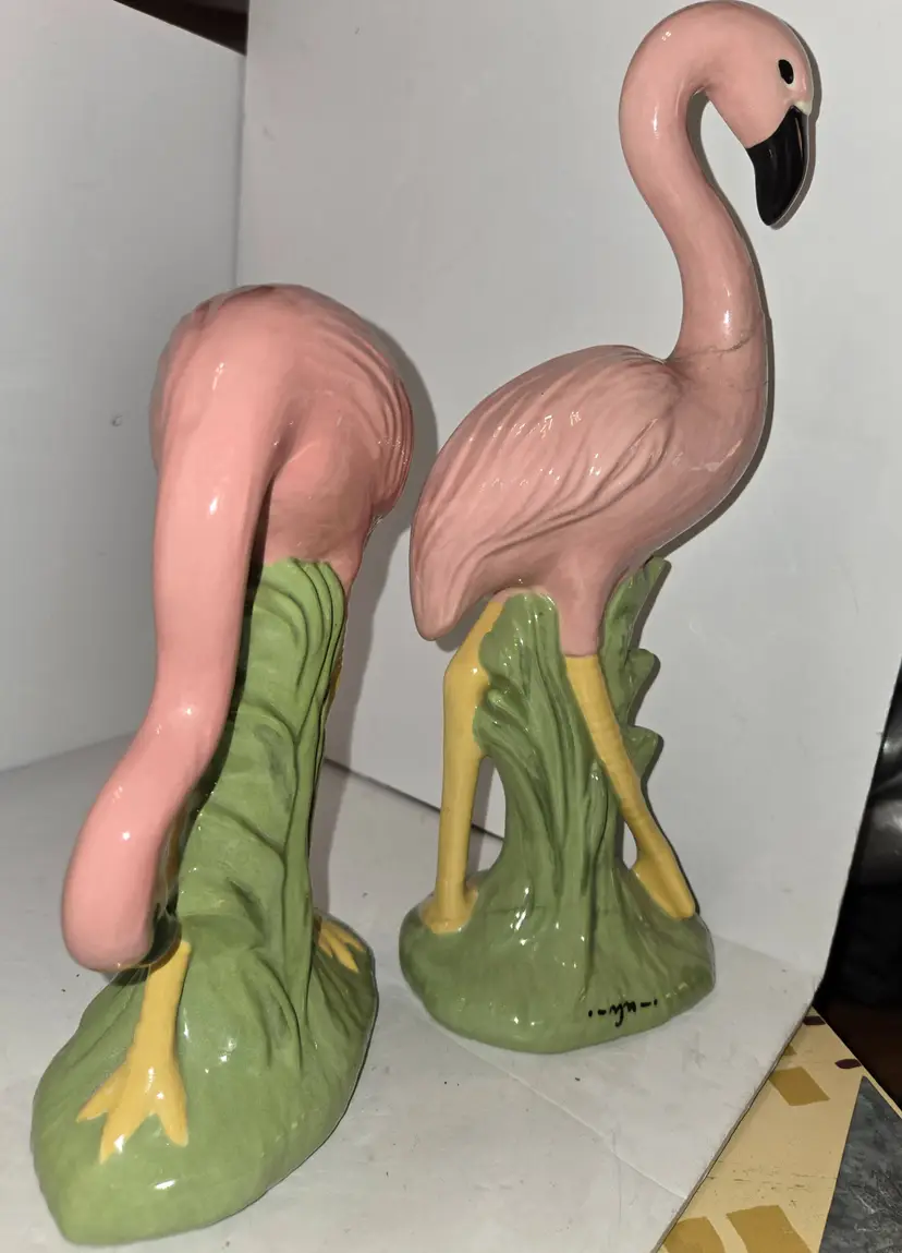 Set of 2 Pink Flamingos Ceramic Glazed Figurines 8" and 10" Tall