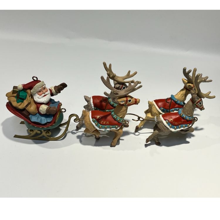 Day 2- Hallmark Keepsake- 3 Ornaments- 1992 - Santa & His Reindeer Collection- Santa Claus (fifth of 5), Prancer & Vixen (second of 5), Dasher & Dancer (first Of 5) - With Boxes-
