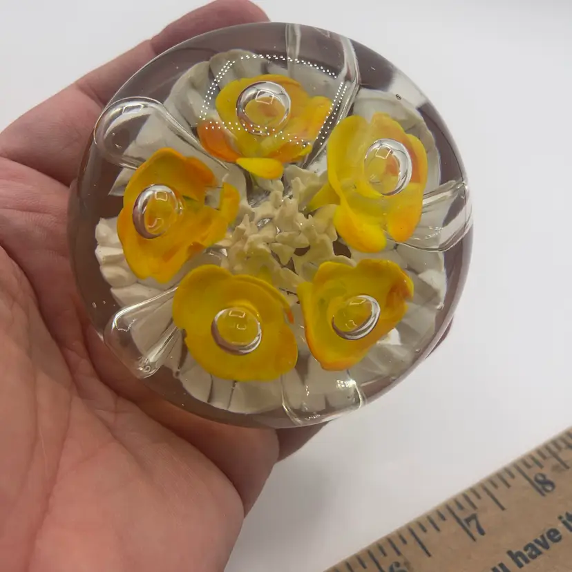 paperweight With Yellow Flowers And Controlled Bubbles 3 Inches