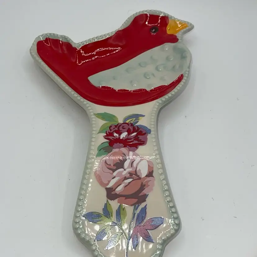 Ceramic Spoon Rest With Bird And Flowers 10.5”