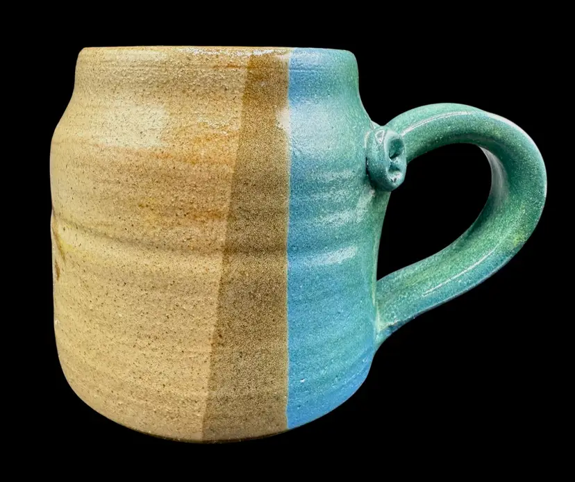 Signed Rice Studio Art Pottery Coffee Tea Mug Cup Blue Brown Hand Painted 14oz