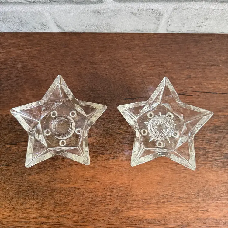 Pair Vintage Star-Shaped Clear Glass Candlestick Holders 4.5” Excellent Condition