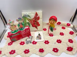 Christmas mixed lot – lights, ornaments, brooches, Doily, etc.