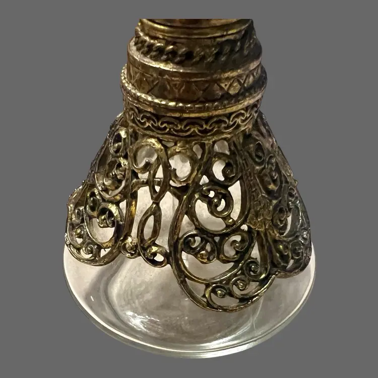 Vintage Art Nouveau Ormolu Filigree Perfume Bottle with Clear Glass Dauber
