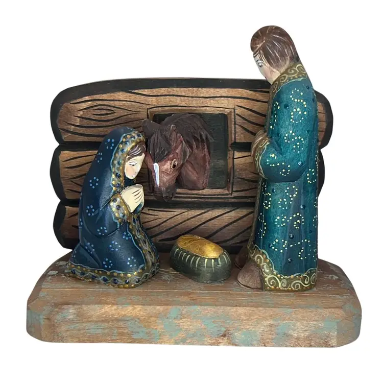 Russian hand painted signed wood Nativity 4.5” Tall x 5.75” Wide