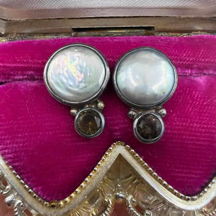 Sterling Silver And Mop With Crystal Post Earrings