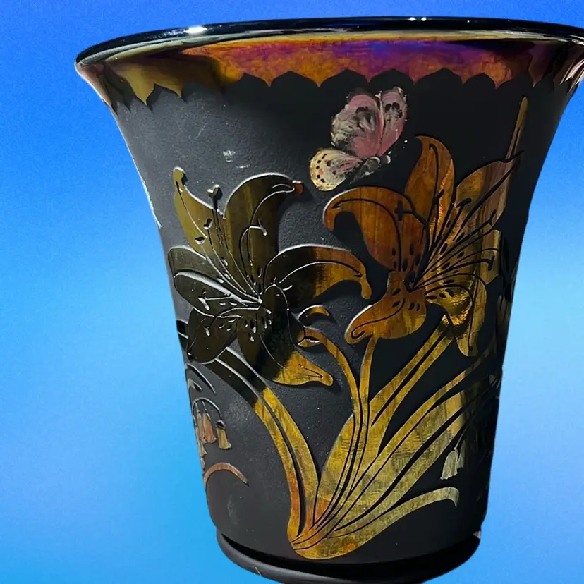 Fenton One Of A Kind Black Glass, Signed, Sand Carved Vase With Flowers And Butterflies, And Copper Luster Accents, Hand Painted By Artist Kibbe 2019