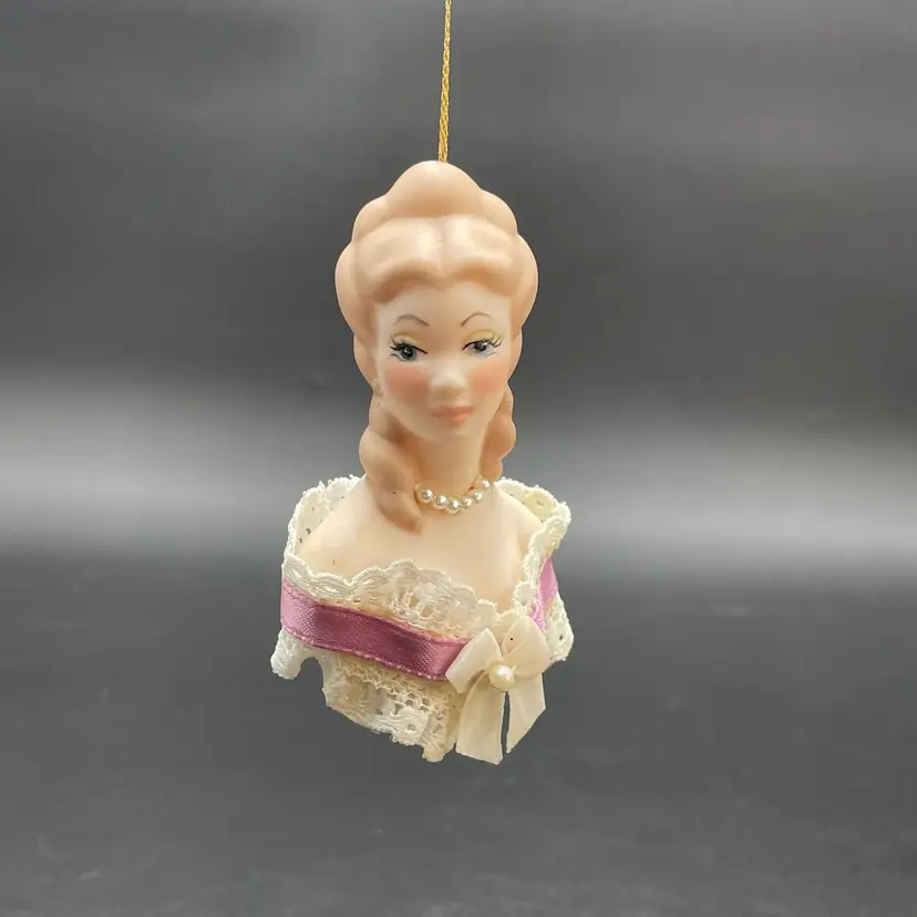 Victorian Lady Bust Head Bisque Porcelain Christmas Ornament Vintage Holiday