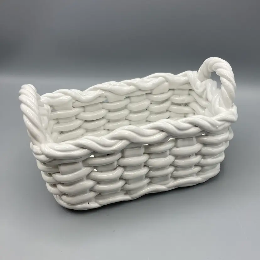 Vintage White Woven Ceramic Rectangle Basket Handmade Italian Glossy Heavy Decor