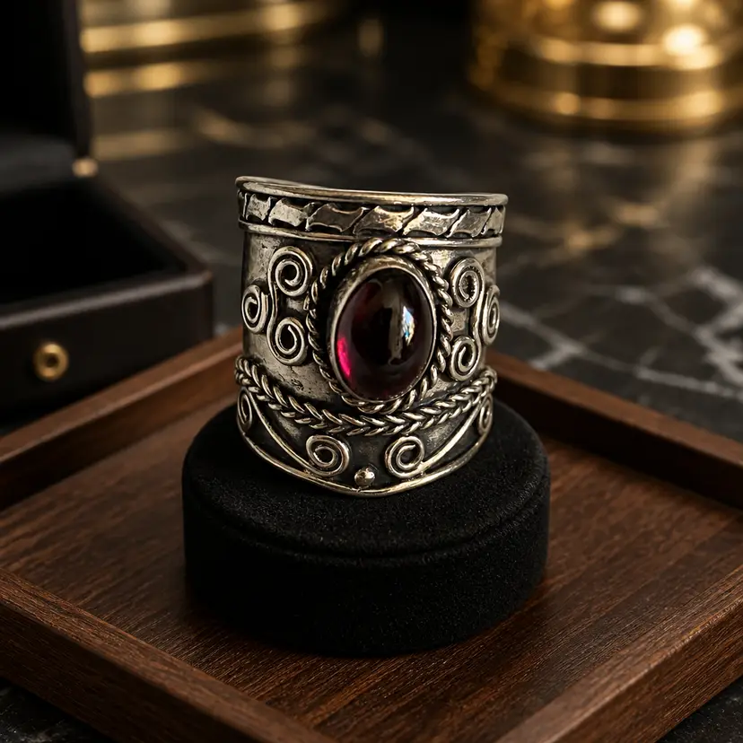 Sterling Silver Balinese Style Ring w/ Scroll Work & Oval Stone, 6.75