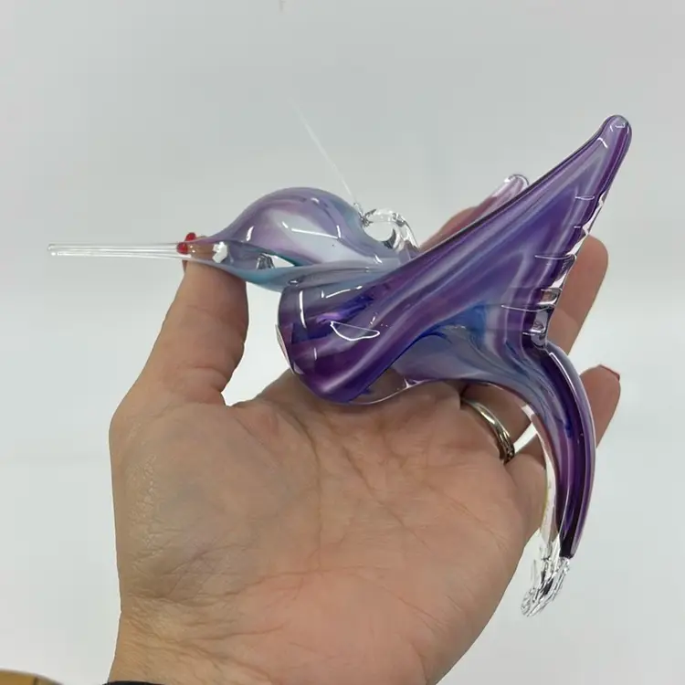 Three Crow Art Glass Canada Lavender Cobalt Swirl Hummingbird Ornament Signed 4.5H 3.25W