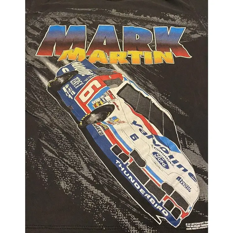 Mark Martin Nascar VTG 90s All Over Print T Shirt Sz L Valvoline Ford Roush