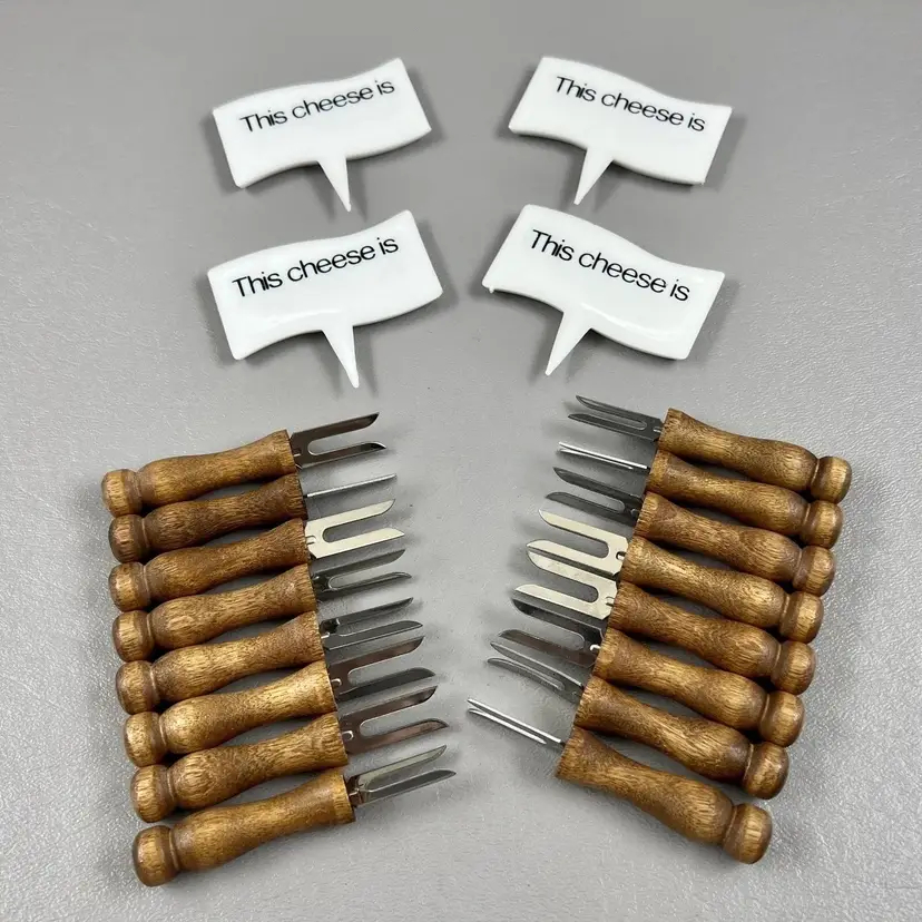Vintage 20PC Set Of Cheese Labels And Wood Handle Cheese Appetizer Forks