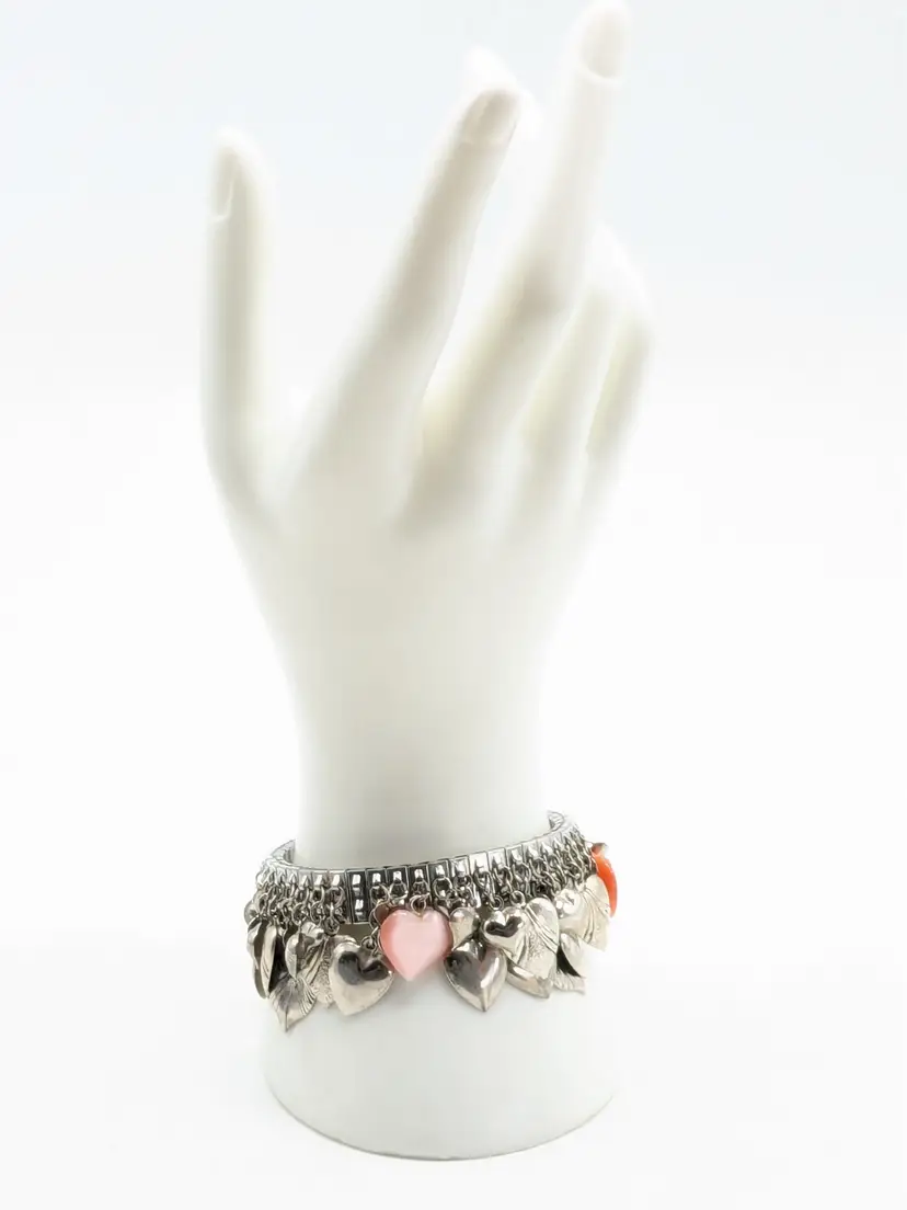 Vintage Heart Charm Stretch Bracelet Silver Tone