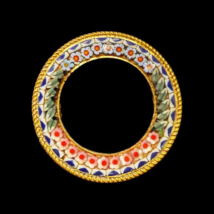 Micro Mosaic Floral Wreath Brooch 1.15”