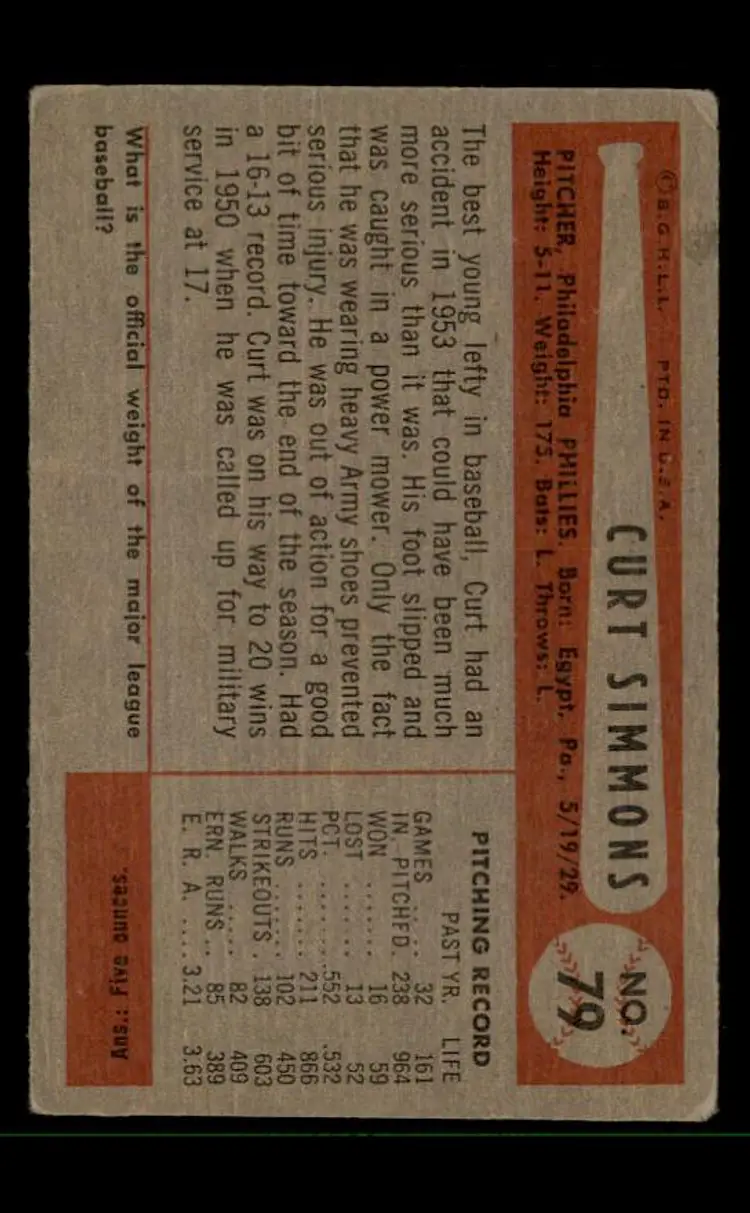 1954 Bowman #79 Curt Simmons - (pk-tl3) - Philadelphia Phillies