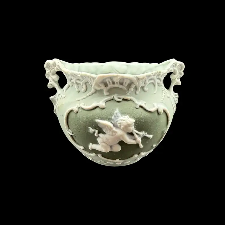Antique Shafer And Vater Green Cameo Cherub Jasperware Vase Open Sugar Bowl Read