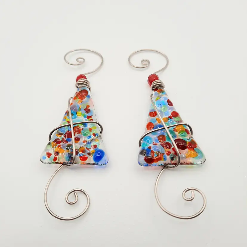 Fused Glass Wire Wrapped Multi-Color Christmas Tree Ornaments Set of 2
