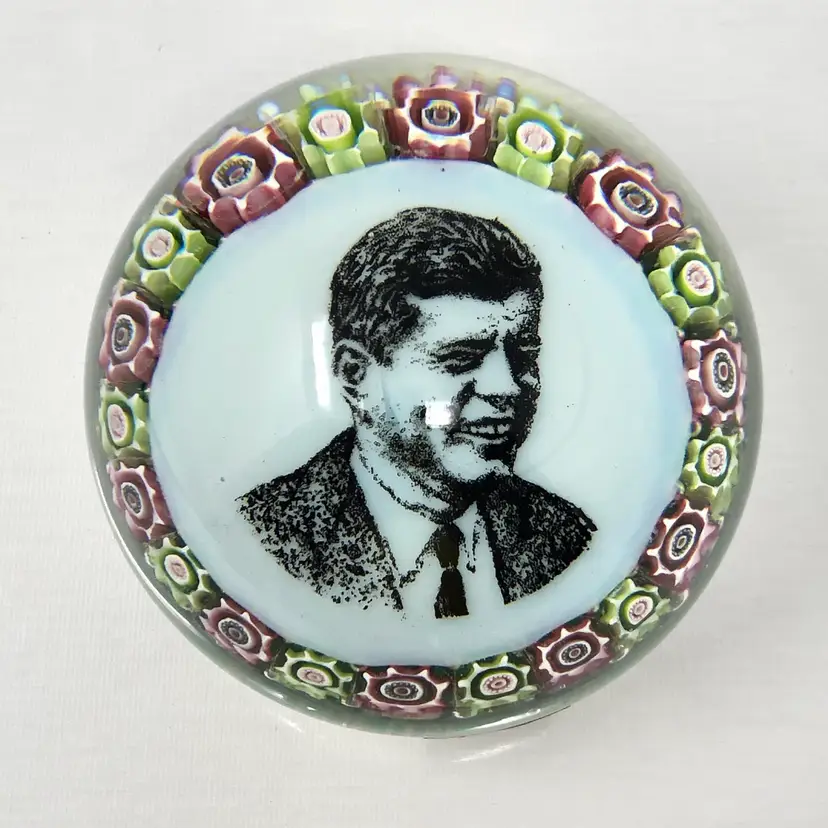 John F. Kennedy Sulphide Murano Paperweight with Pink and Green Millefiori and KB Label