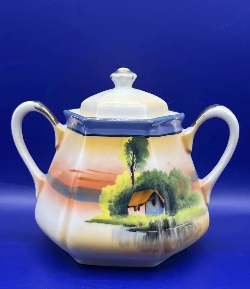 Blue Luster Ware Hexagonal Porcelain Sugar Bowl Hand Painted Japan