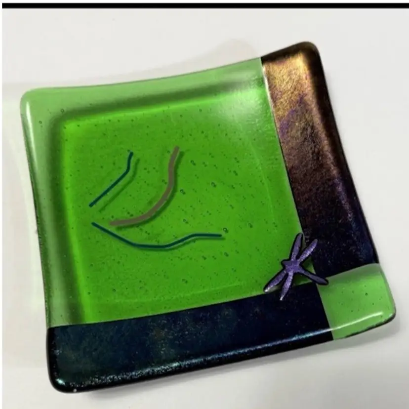 Fused Art Glass Green Glass w/ Iridescent Purple Dragonfly Tray/Trinket Dish