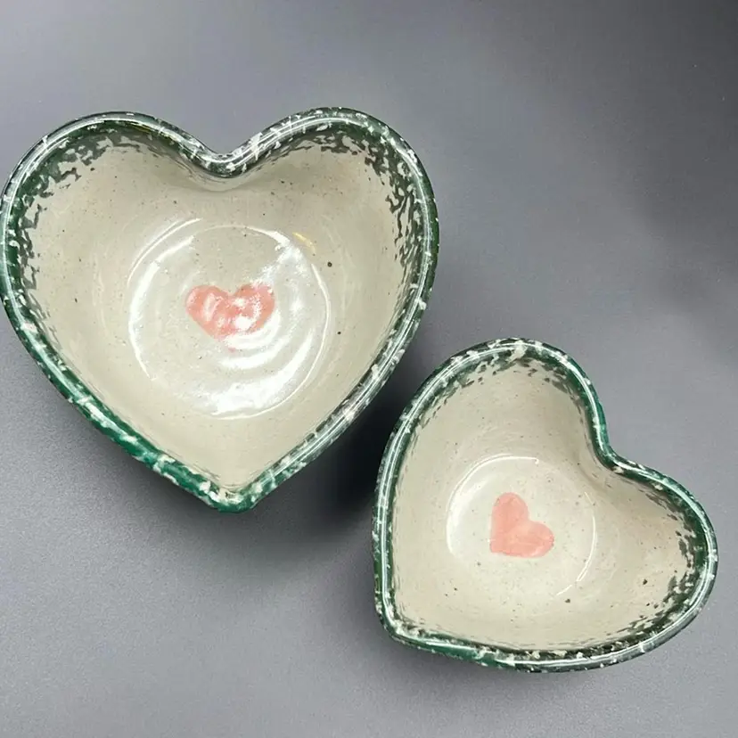 Heart Bowls Spongeware Signed Pottery - Pair- 6.25” And 5” Wide
