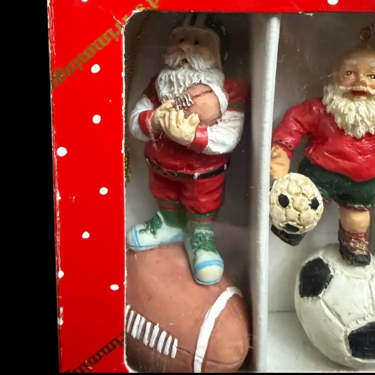 Vintage Dillards Christmas ornament – set of three Santas football soccer tennis in box