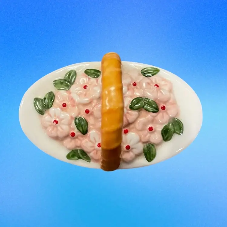 Basket with Pink Flowers Trinket Box Miniature Vintage Porcelain