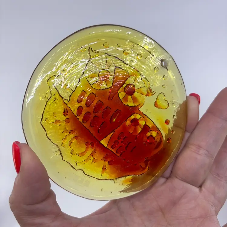 Blenko Glass Tangerine Amberina Owl Suncatcher 4”