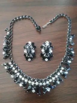 Vintage MCM 50s 60s Silver Tone Choker and Clip Earrings Black and Clear Pronged Rhinestones