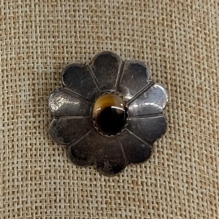 Vintage Navajo Native Sterling Silver & Moss Agate Floral Brooch Signed SB 1" 7g