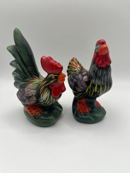 Set Of 2 Roosters Colorful Hand Painted Country Decor Ceramic