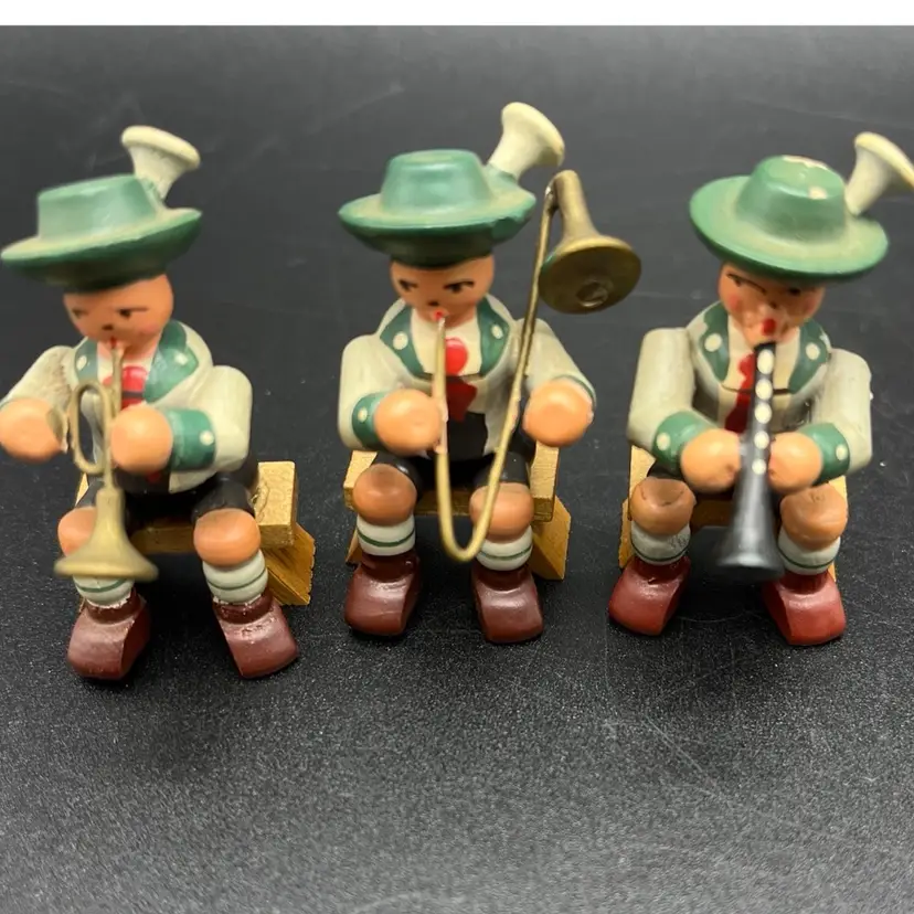 Set Of 3 Eatebirge Miniature  Wood Musicians Made In Germany 2” tall Vintage