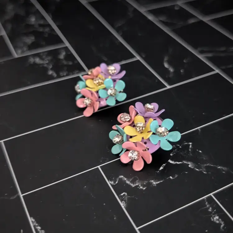 Vintage Stud Earrings Large Retro Multi Colored Flowers Statement