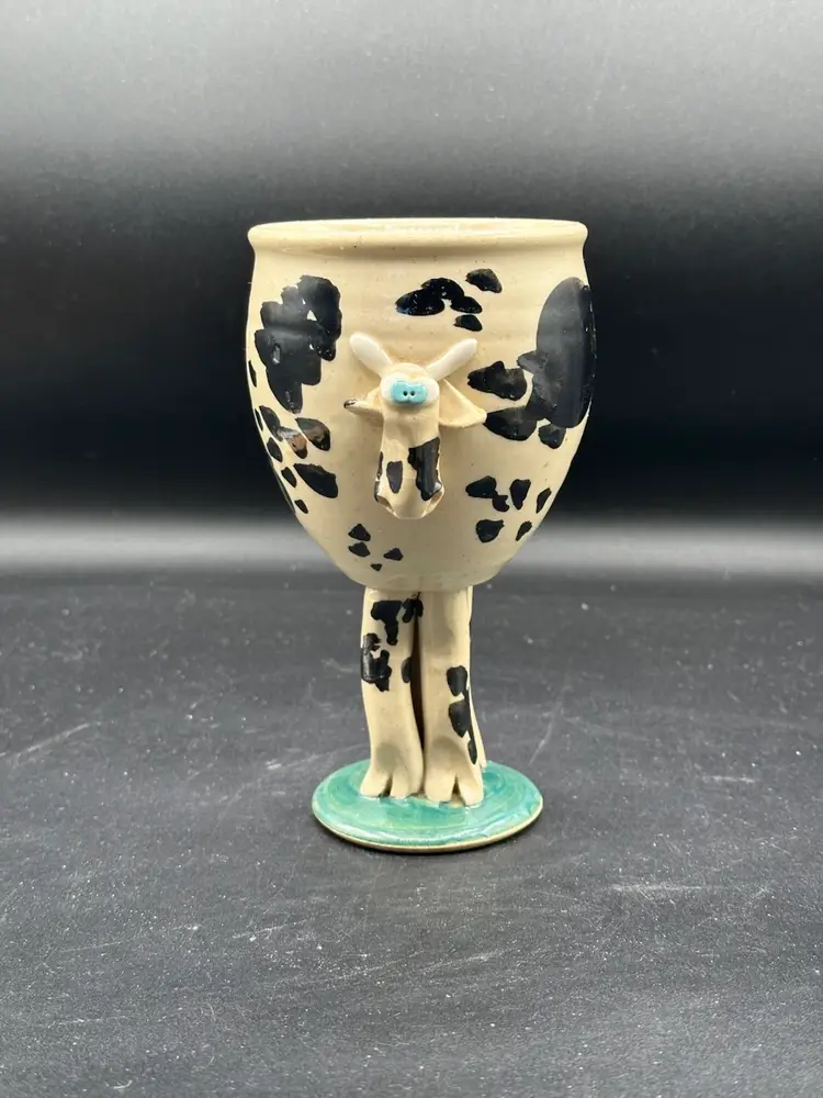 Vintage Pottery Cow Wine Goblet 3D Goofy Pedestal Mug Stoneware Signed Potter
