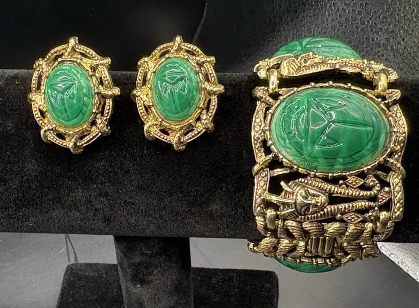 Egyptian Revival Carved Scarab Bracelet And Matching Earrings
