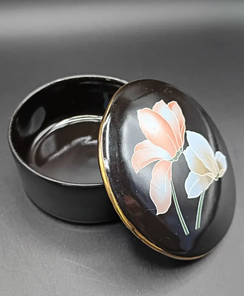 Vintage 1980s black glossy round trinket dish lid gold trim peach lotus Asian decor