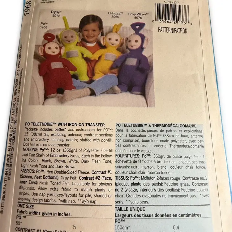 TELETUBBIES PO Doll Sewing Pattern With Iron-On Transfer, Uncut/FF Butterick 5968, Vintage 1999.