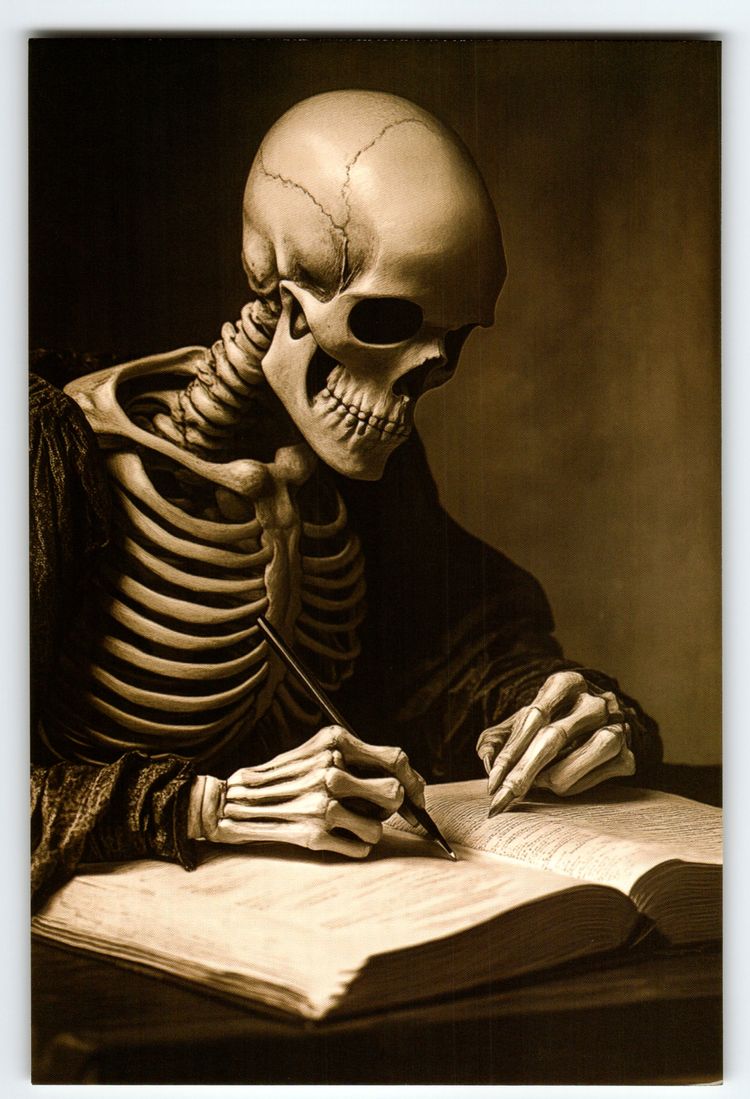 Vintage Photochrome Postcard Skeleton Writing in Book Sepia Tone Gothic