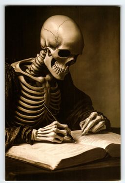 Vintage Photochrome Postcard Skeleton Writing in Book Sepia Tone Gothic