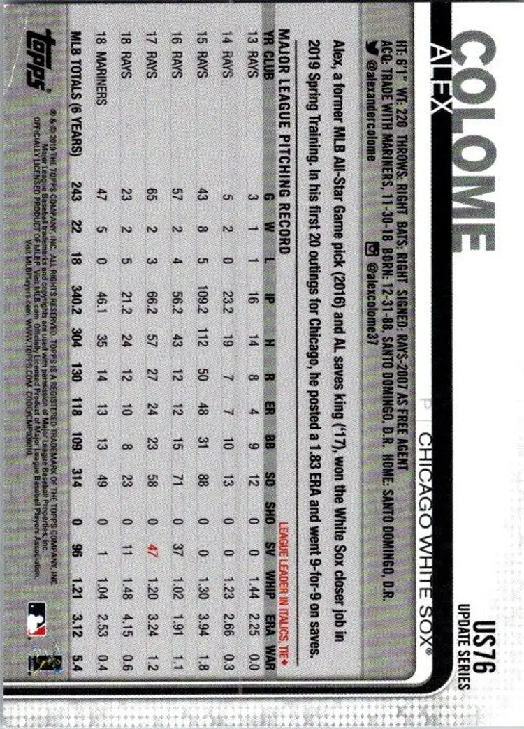 Topps Update Series Alex Colome US76